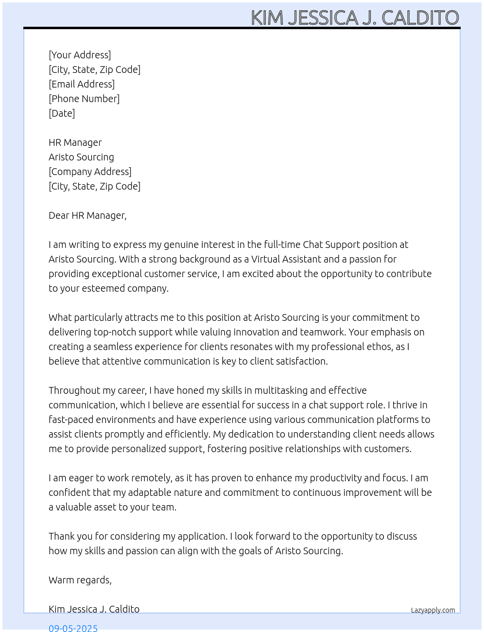 Chat Support At Aristo Sourcing Cover Letter