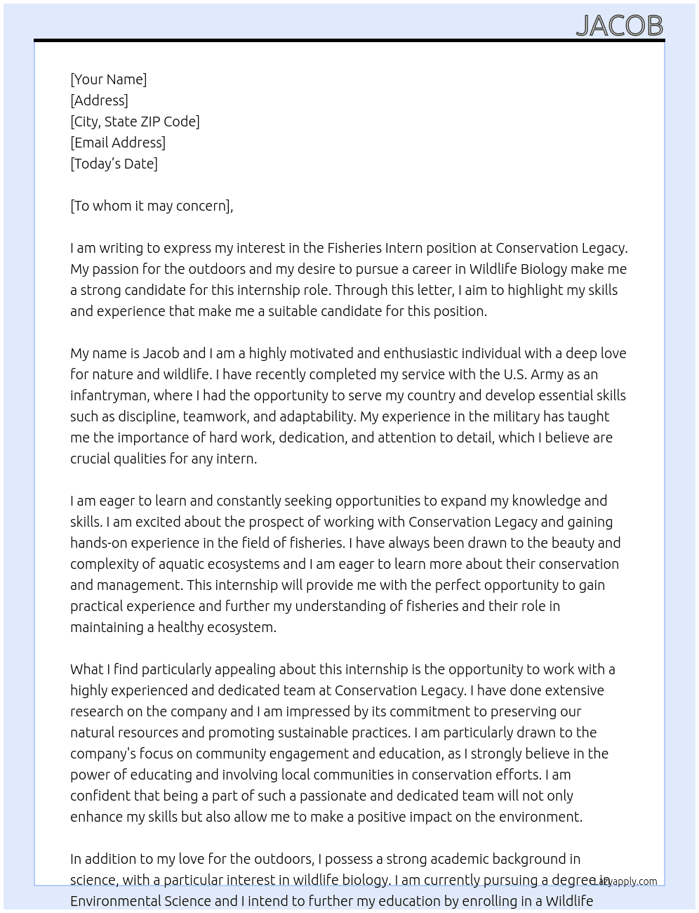Fisheries Intern At Conservation Legacy Cover Letter