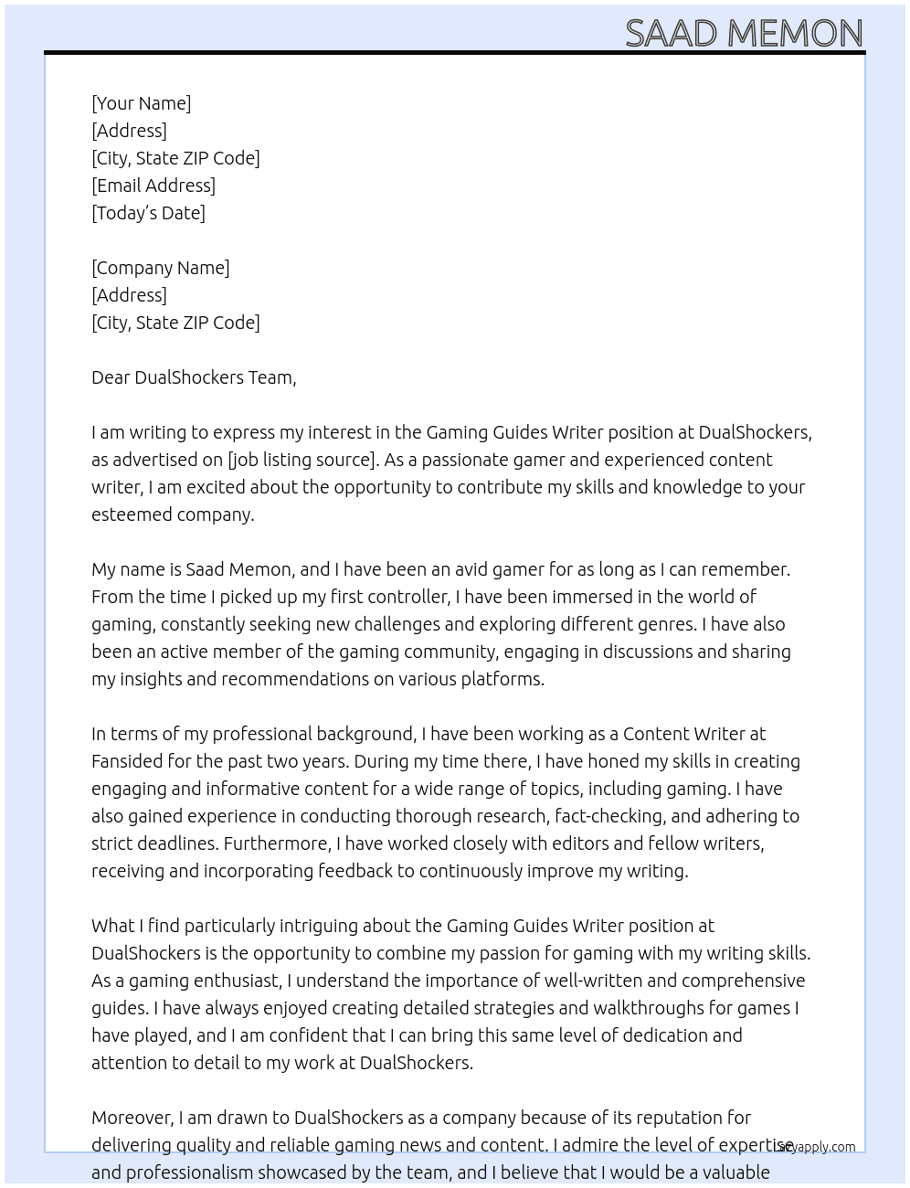 Gaming Guides Writer  At DualShockers Cover Letter