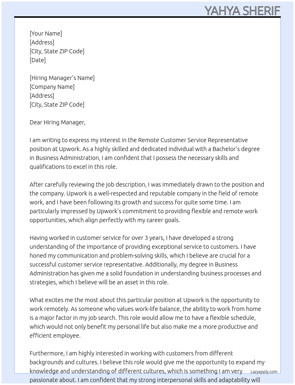 Remote Customer Service Representative At Upwork Cover Letter