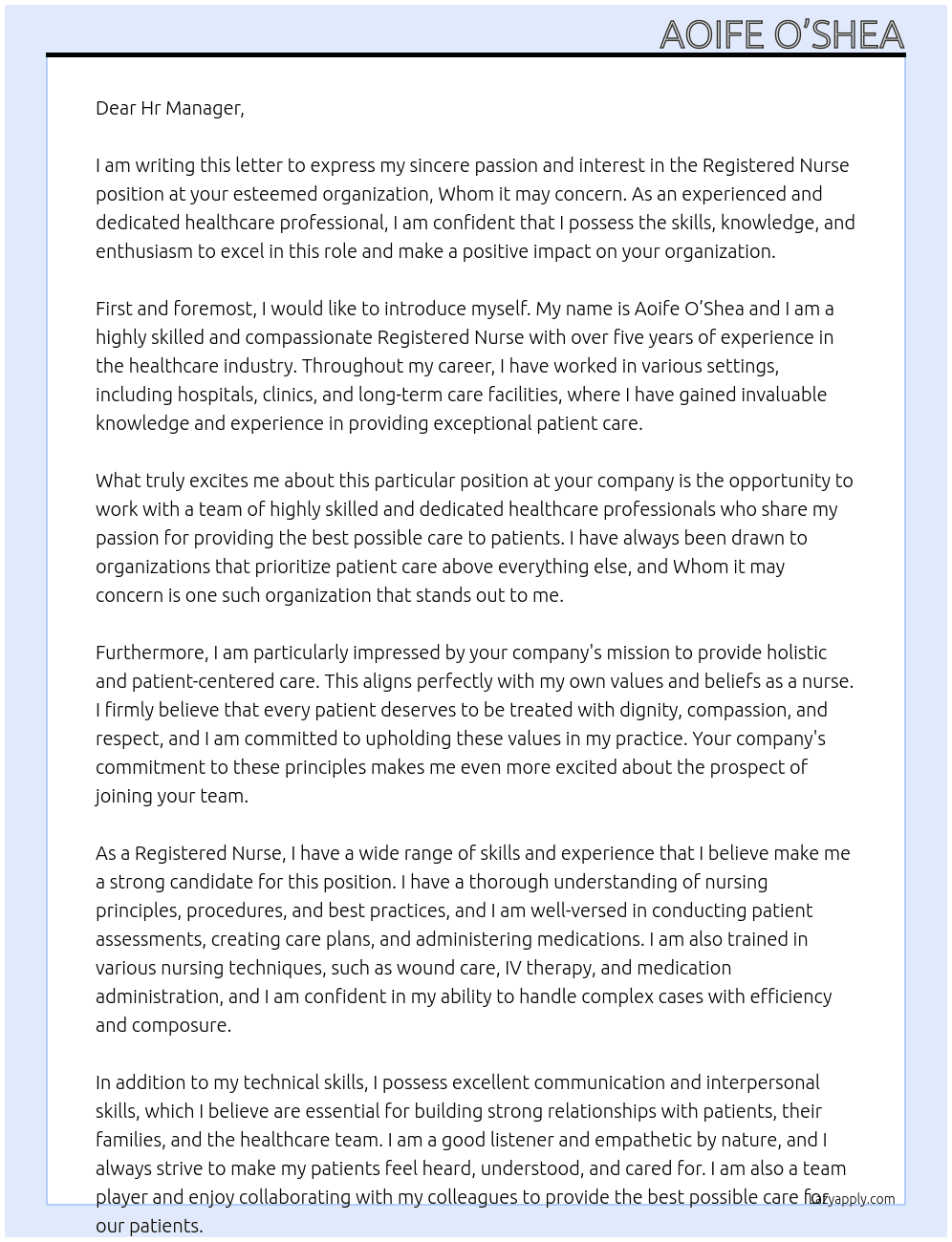 Registered Nurse At Whom it may concern Cover Letter