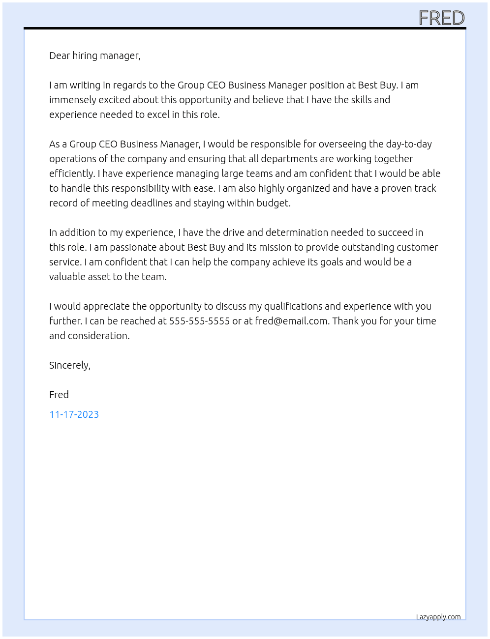 Group CEO Business Manager At best buy Cover Letter