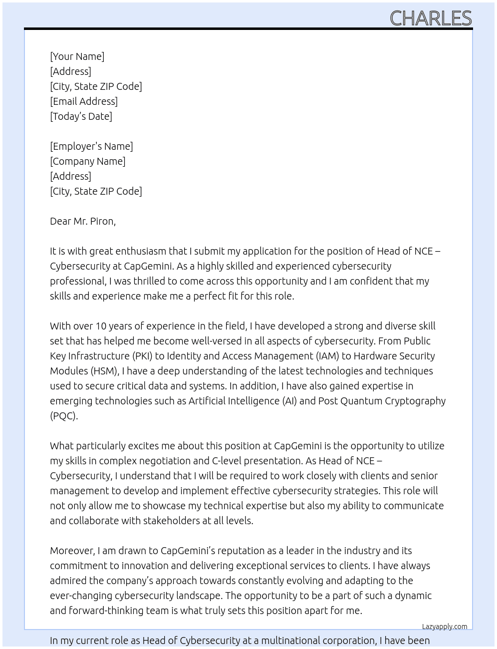 Head of NCE - Cybersecurity At CapGemimi Cover Letter