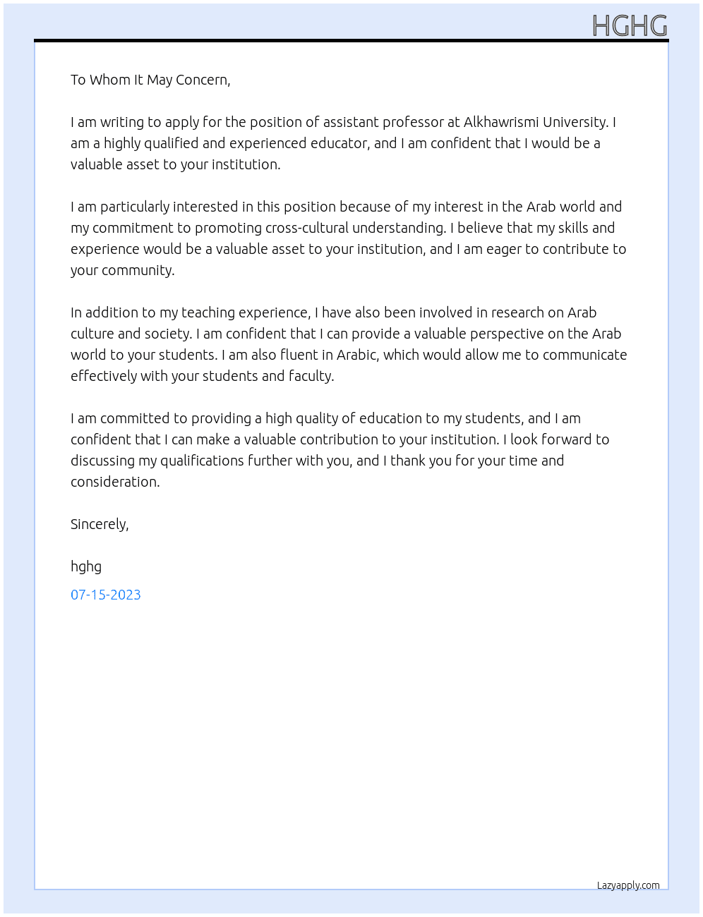 assistant professor  At alkhawrismi Cover Letter