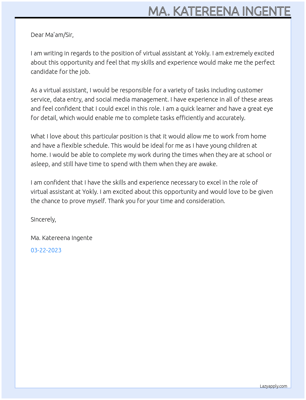 Virtual assistant  At Yokly Cover Letter