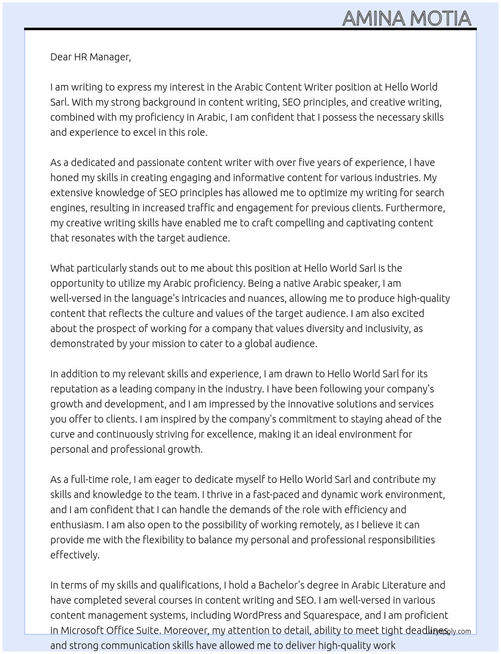 Arabic Content Writer  At Hello World Sarl Cover Letter