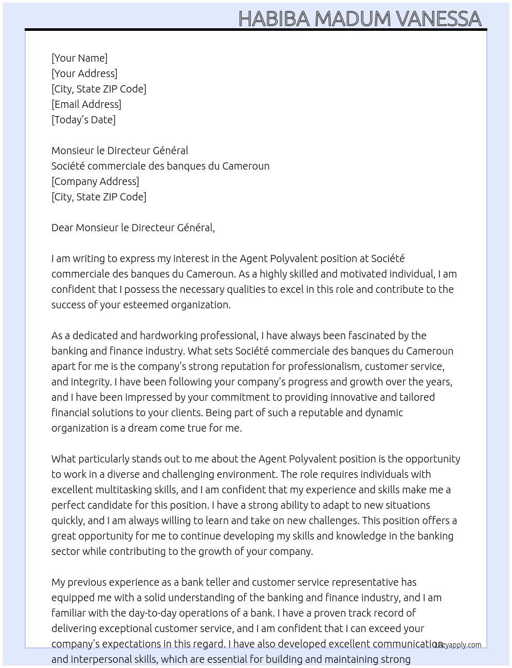 Agent polyvalent  At Société commerciale des banques du Cameroun  Cover Letter