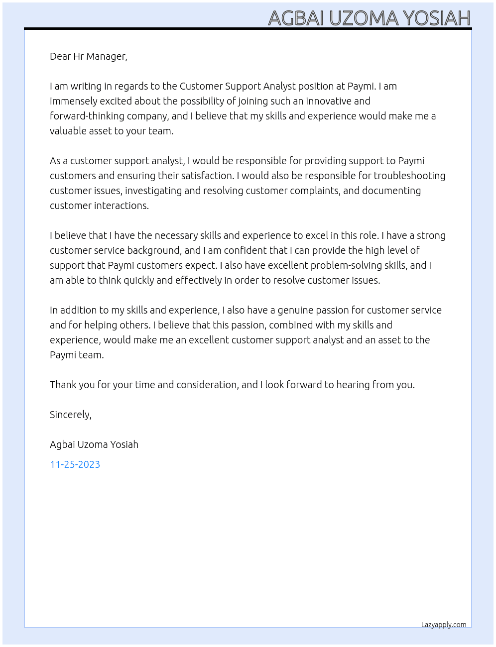 Customer Support Analyst At Paymi Cover Letter