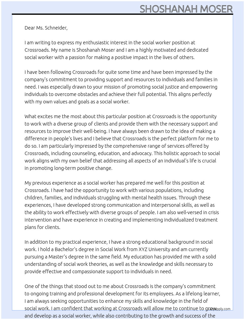 social worker At Crossroads  Cover Letter