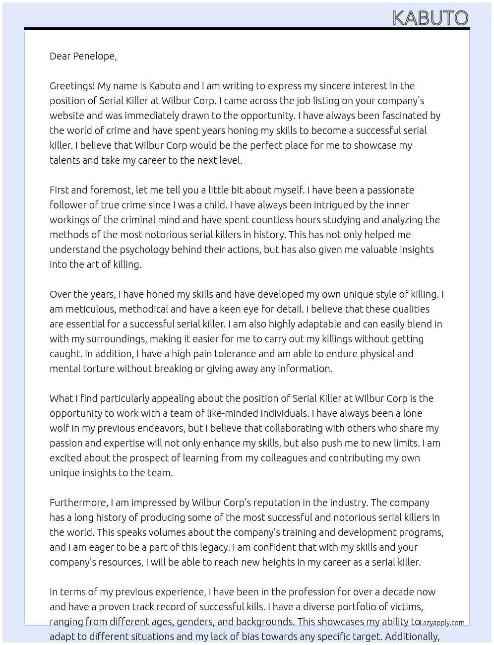 Serial killer  At Wilbur Corp Cover Letter