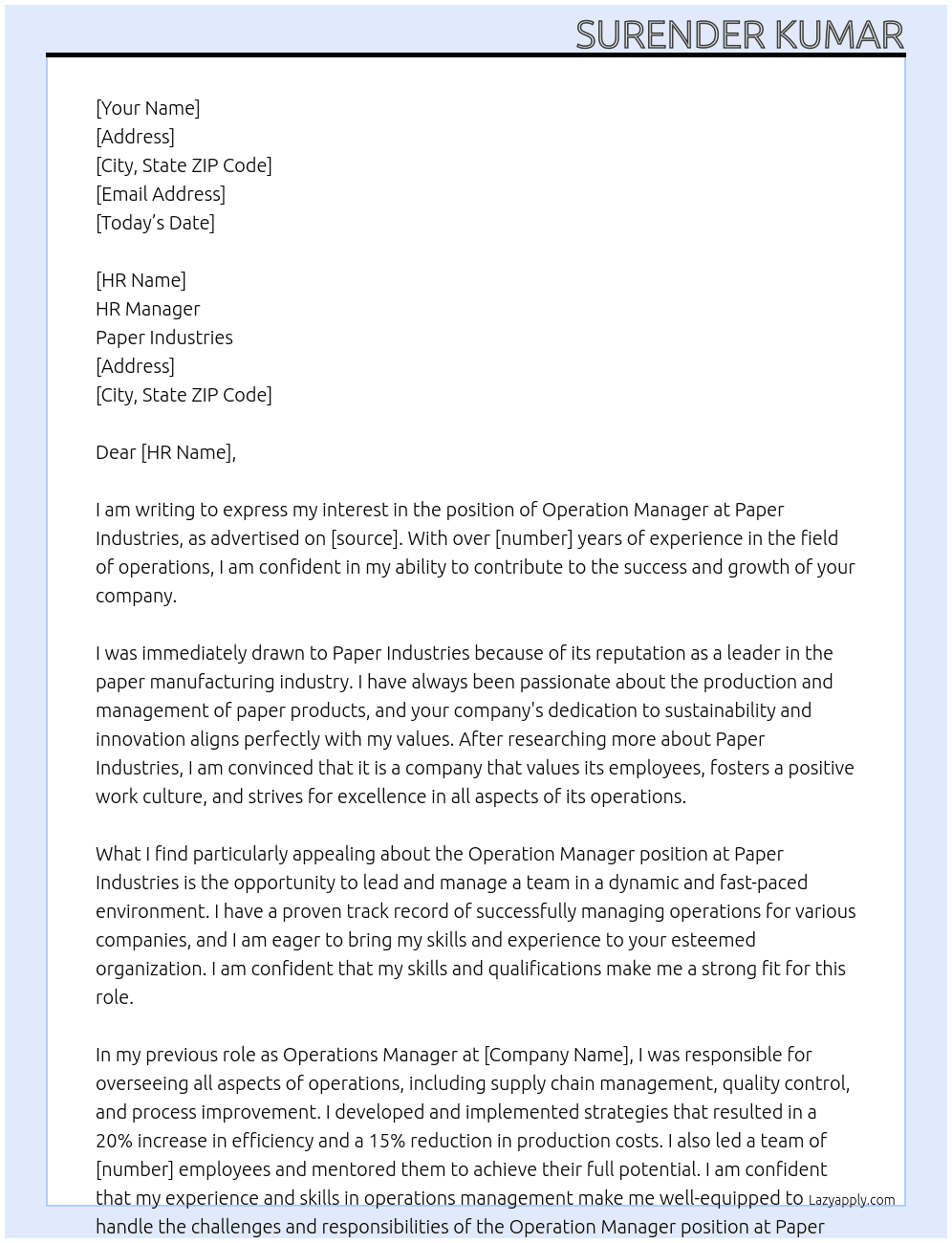 OPERATION MANAGER At PAPER INDUSTRIES Cover Letter