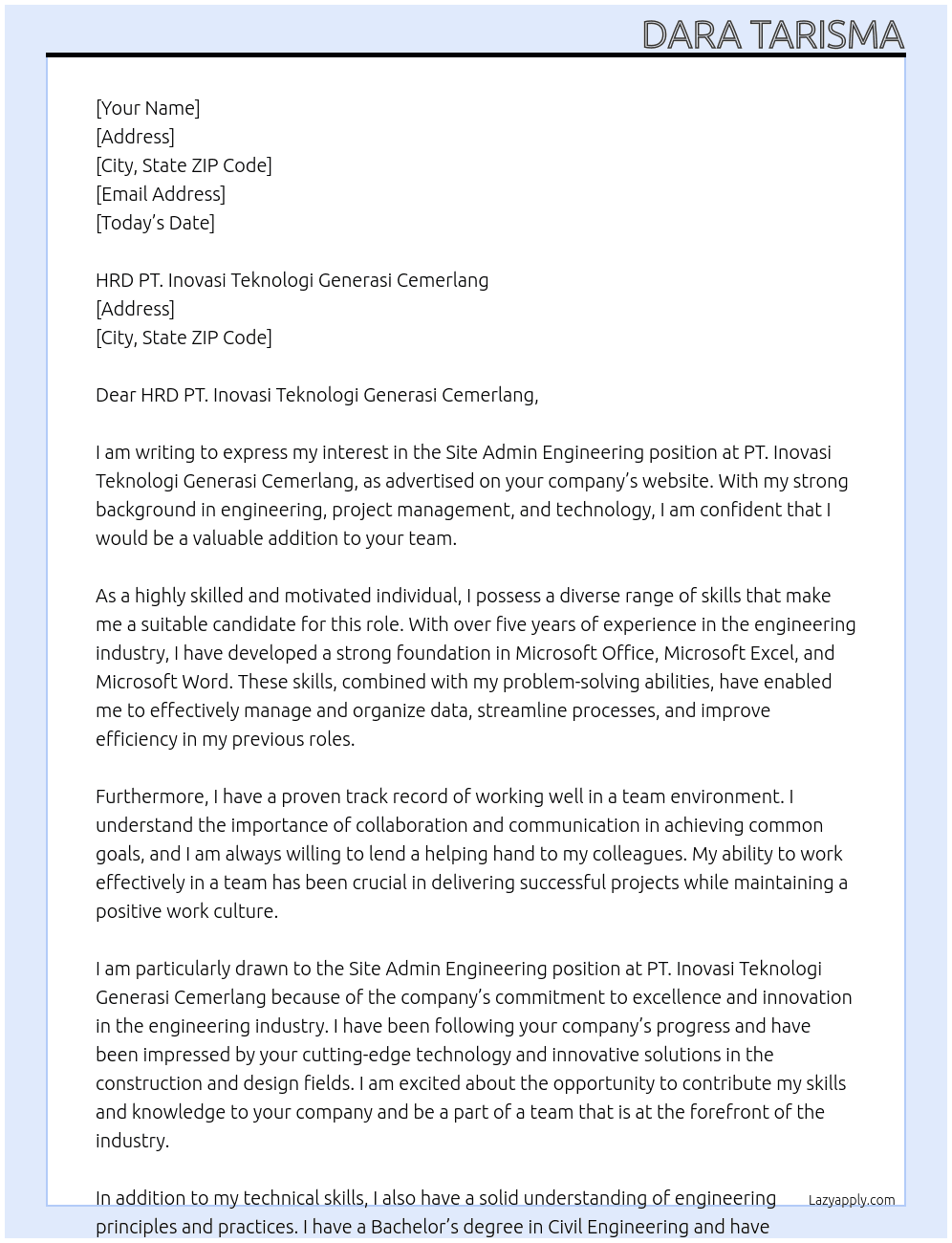 Site Admin Engineering At PT. Inovasi Teknologi Generasi Cemerlang Cover Letter