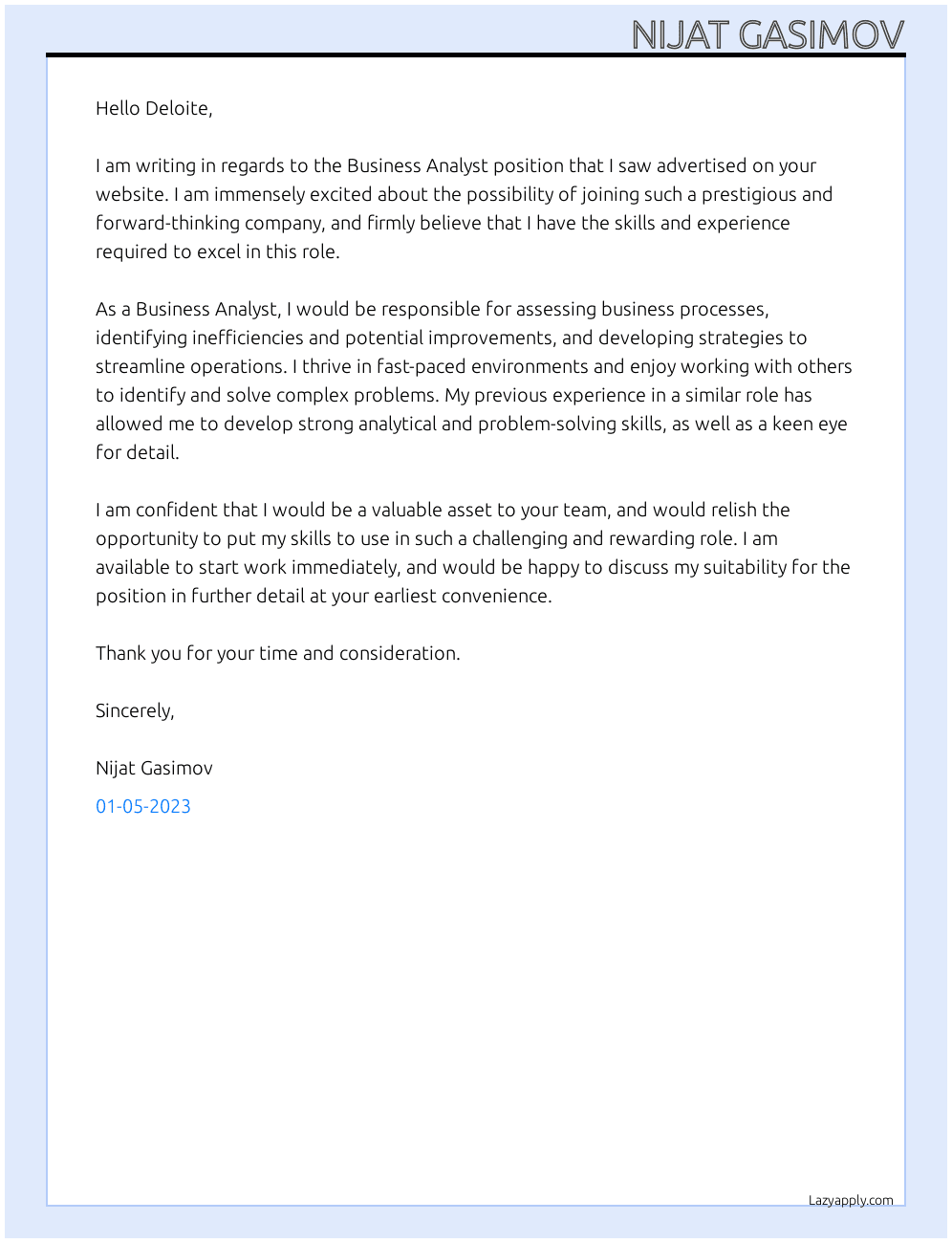 Business Analyst At Deloite Cover Letter