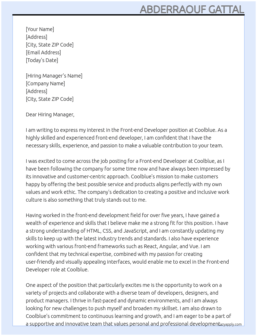 front-end developer At Coolblue Cover Letter