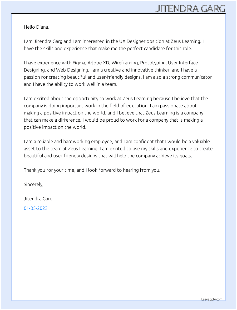 UX Designer At Zeus Learning Cover Letter