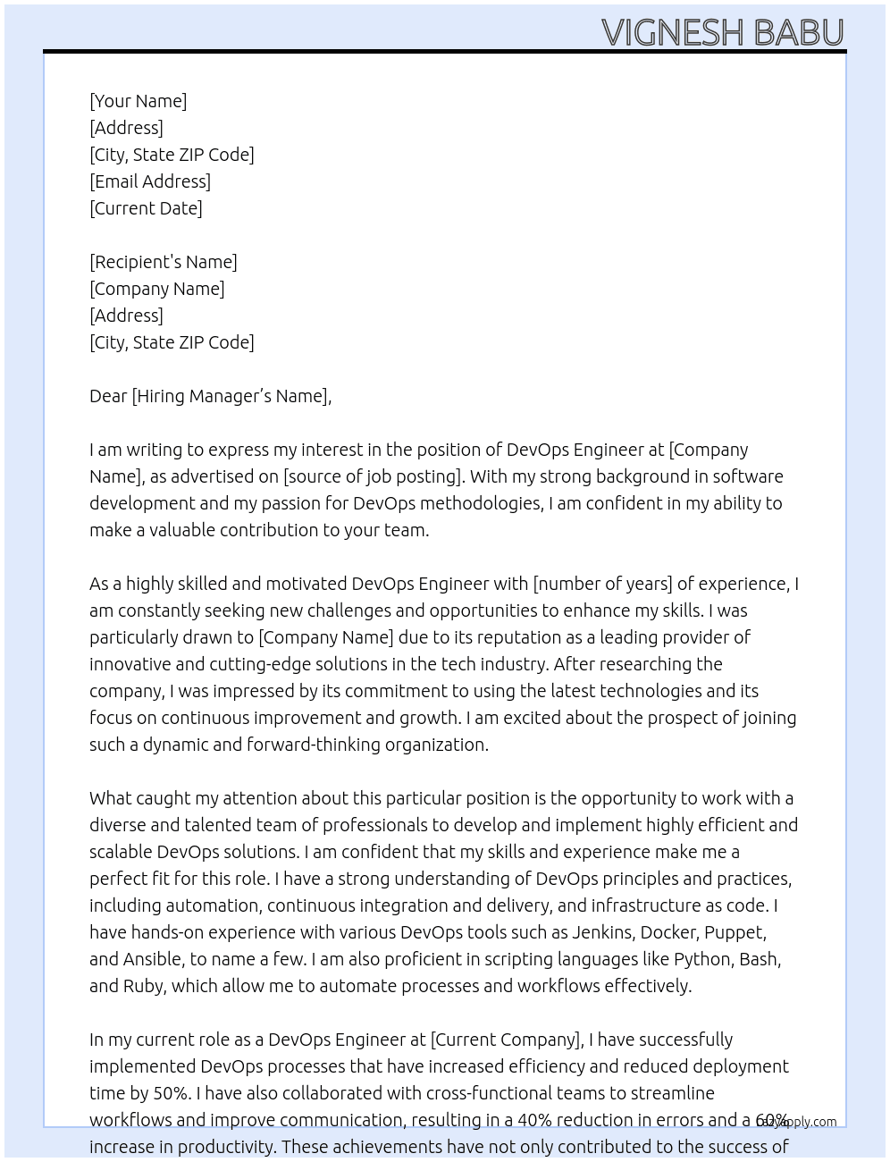 DevOps Engineer  At vigneshbabu2394@gmail.com Cover Letter