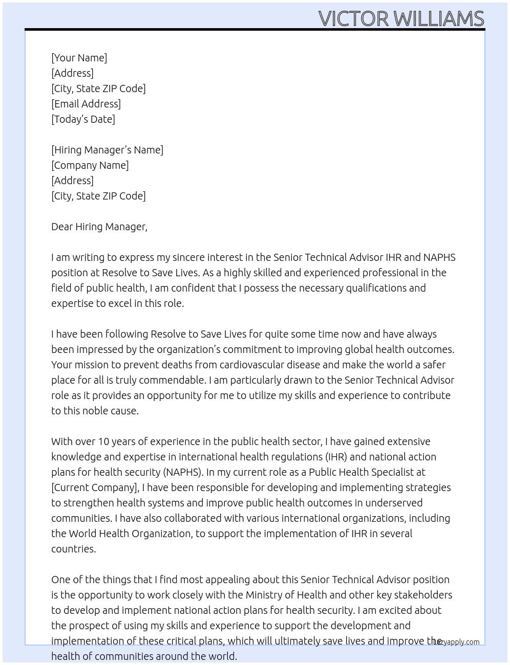 Senior technical Advisor ihr and naphs At Resolve to save lifes Cover Letter