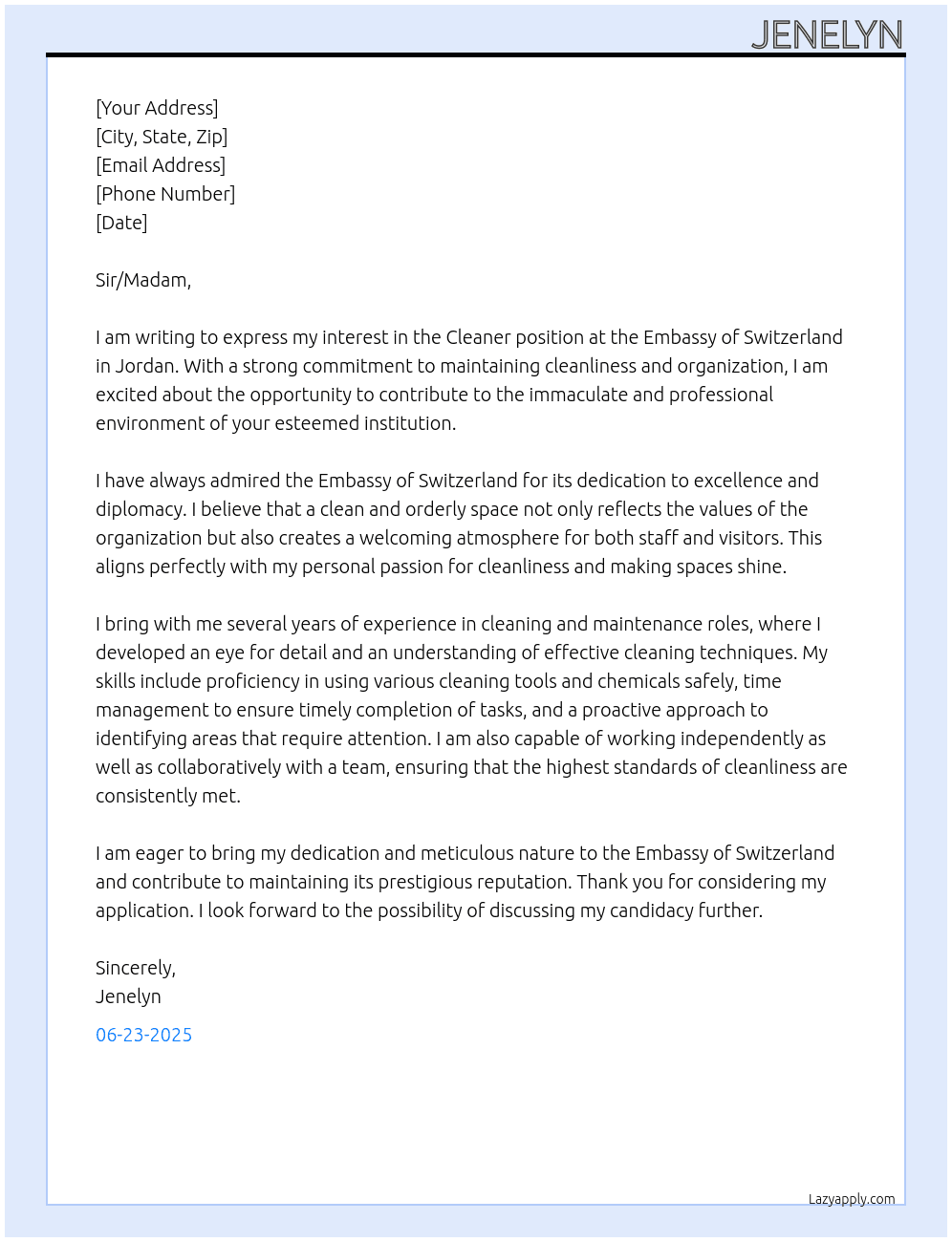 cleaner At Embassy of Switzerland in Jordan Cover Letter