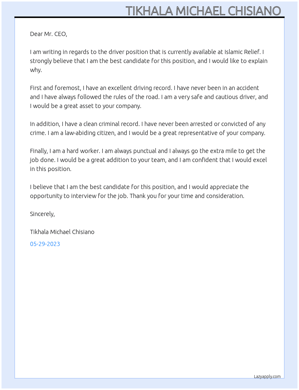 Driver  At Islamic relief  Cover Letter