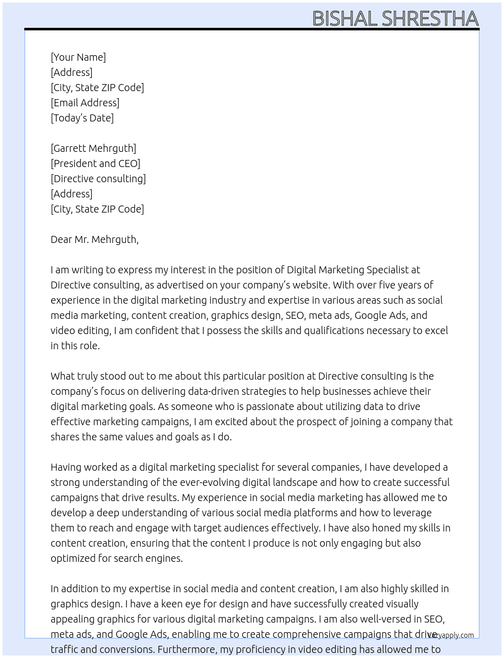Digital Marketing Specialist At Directive consulting Cover Letter