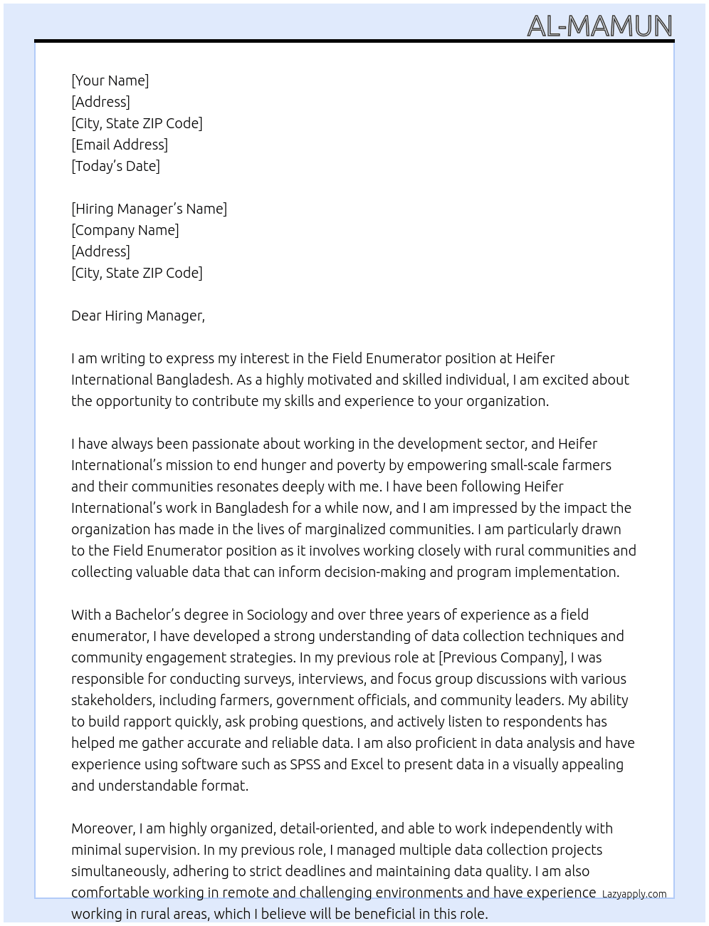 Field Enumerator  At Heifer International Bangladesh Cover Letter