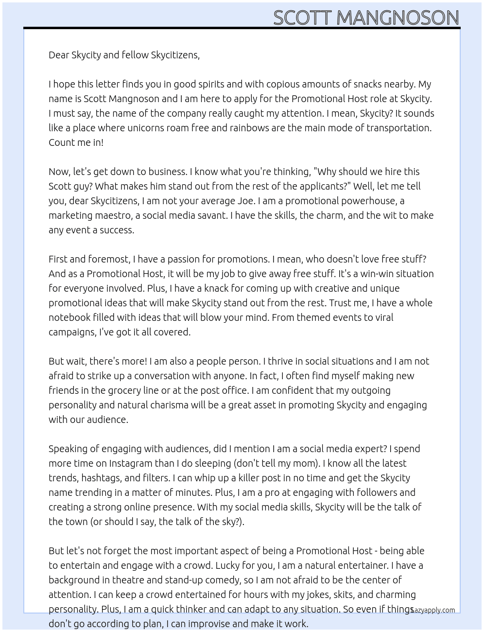 Promotional Host At Skycity Cover Letter