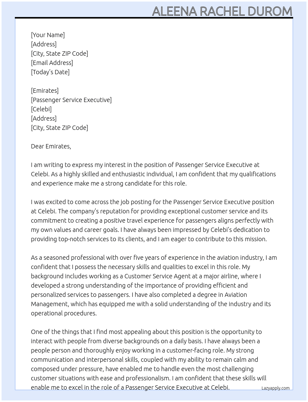 Passenger service executive At Celebi  Cover Letter