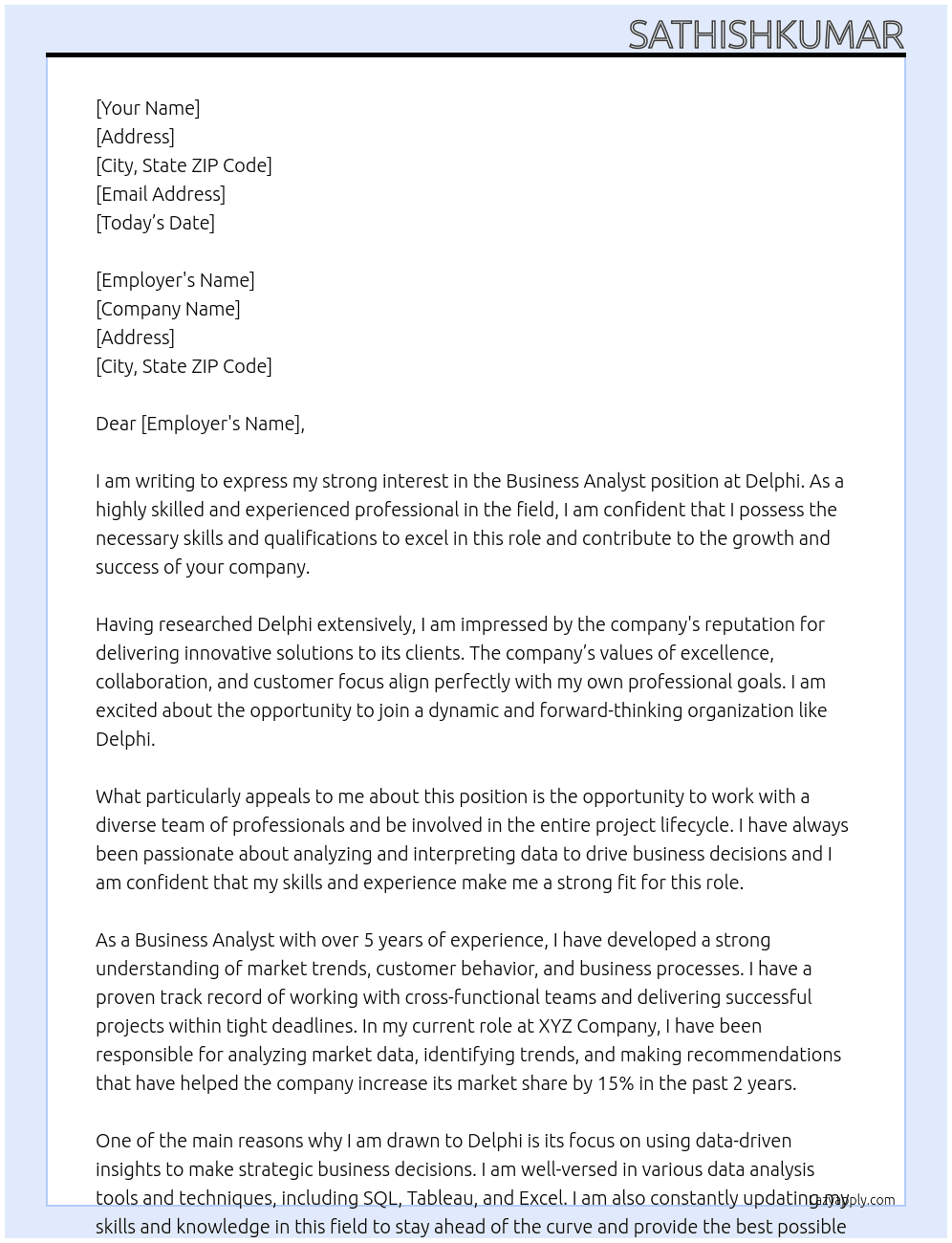 Business Analyst At Delphi Cover Letter