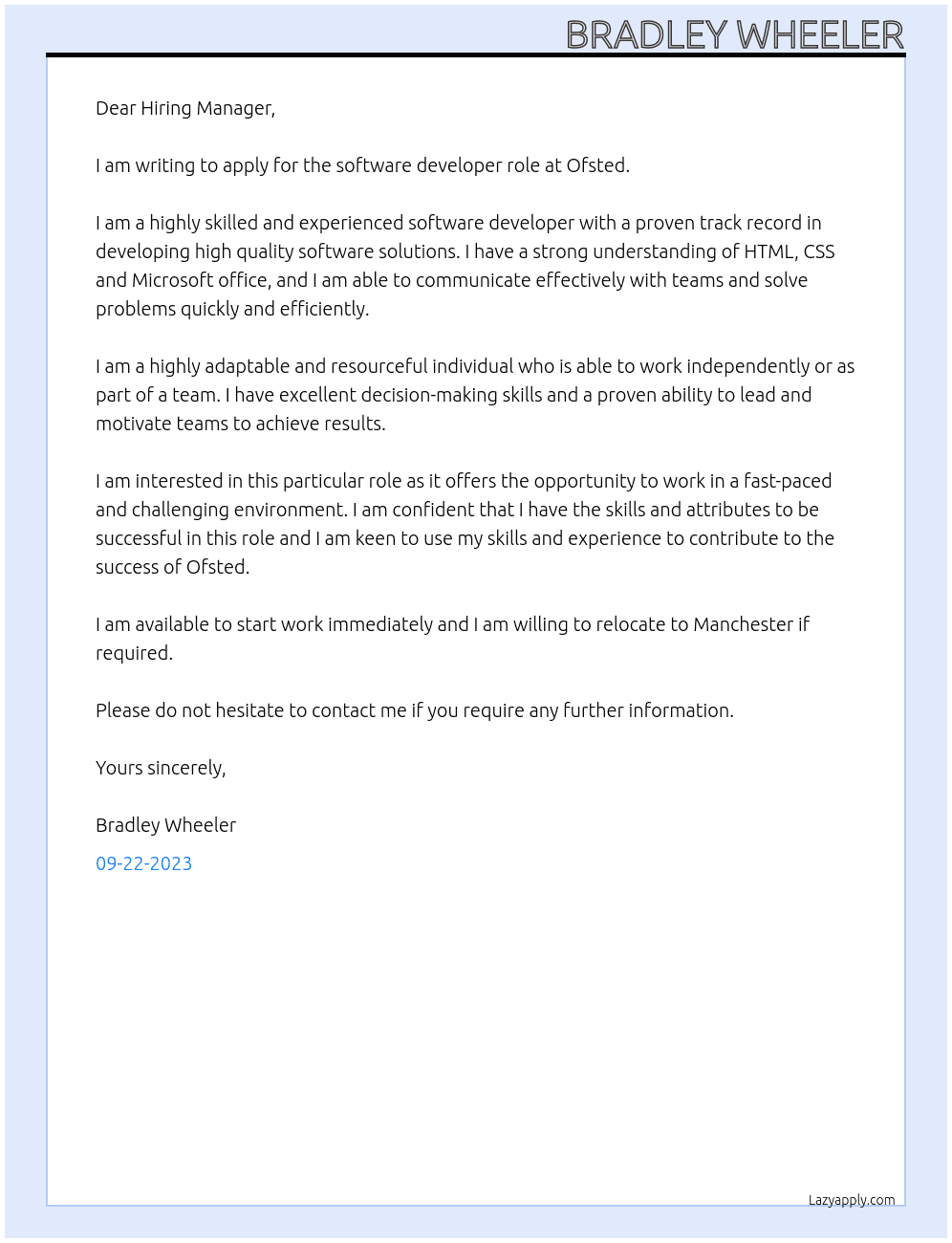 Software developer At Ofsted Cover Letter