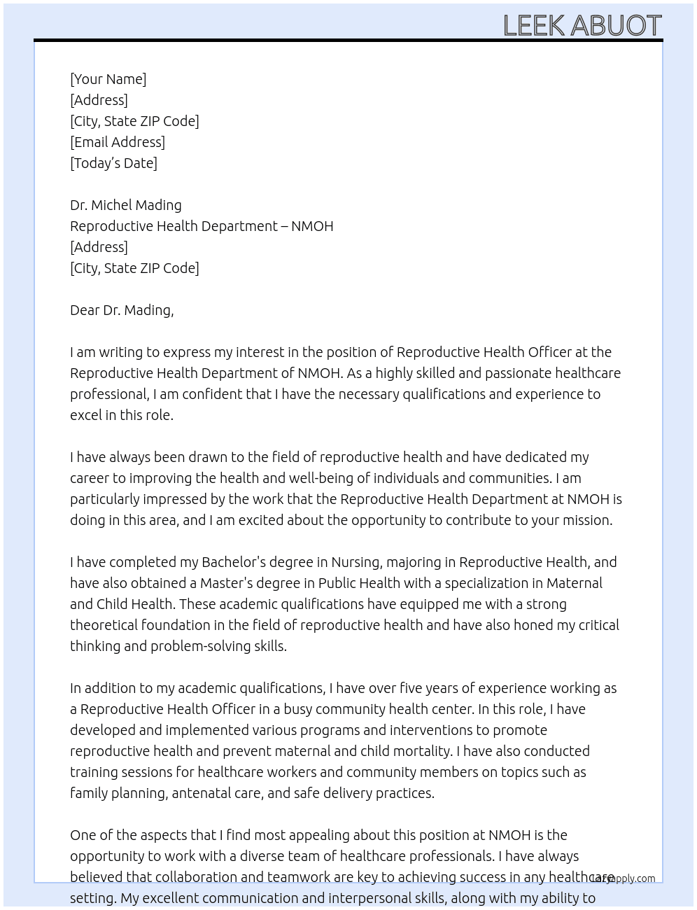 reproductive health officer At Reproductive Health department - NMOH Cover Letter