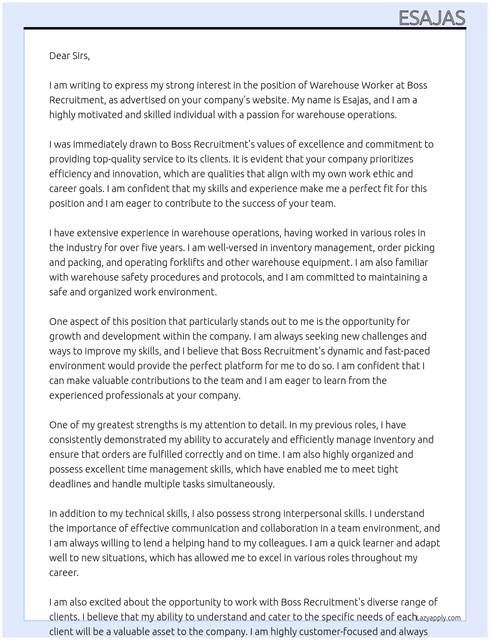 Warehouse worker At Boss recruitment  Cover Letter