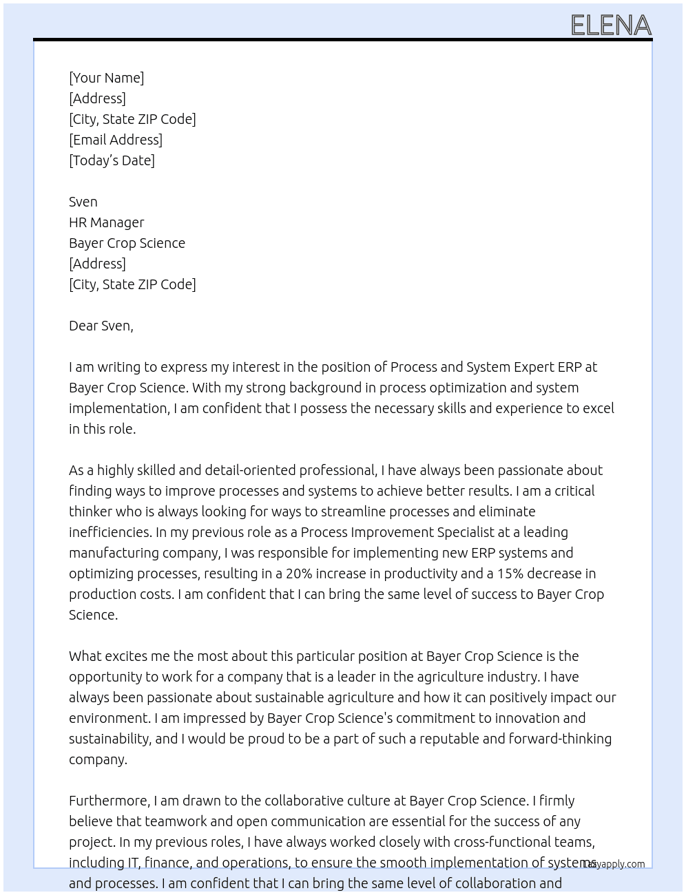 Process and system expert erp At Bayer crop science Cover Letter