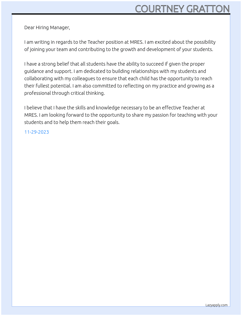 Teacher At MRES Cover Letter