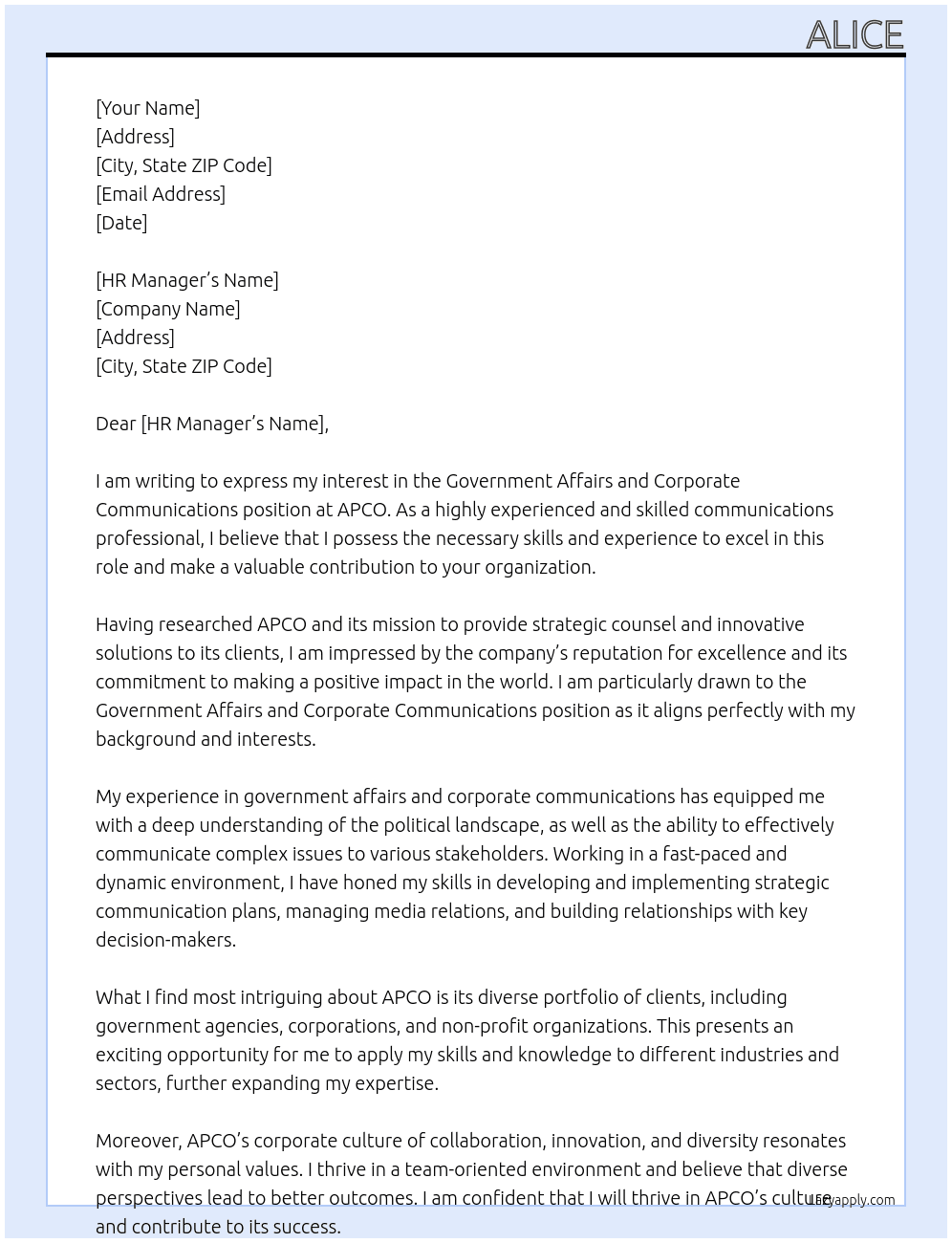 Government Affairs and Corporate Communications At APCO Cover Letter