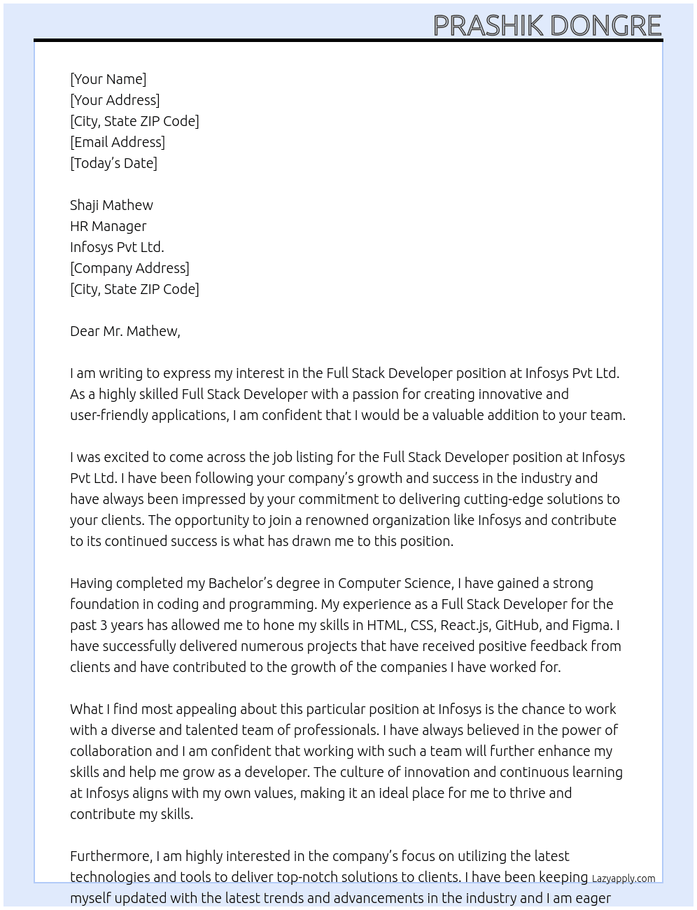 Full Stack Developer At Infosys Pvt Ltd. Cover Letter