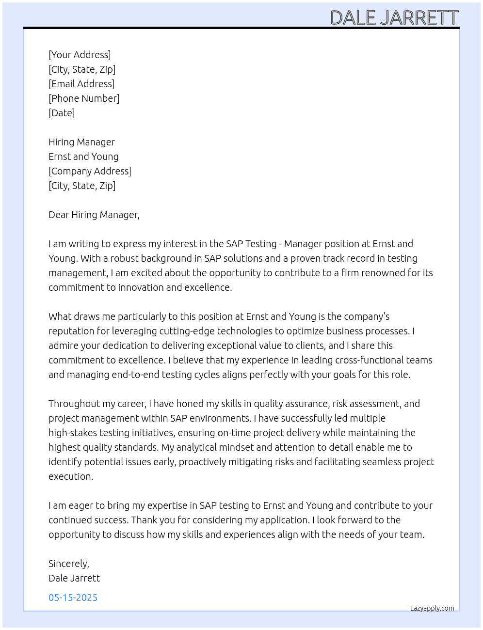 SAP Testing - Manager At Ernst and Young Cover Letter