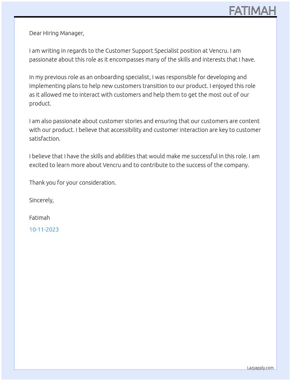 Customer Support Specialist At Vencru Cover Letter