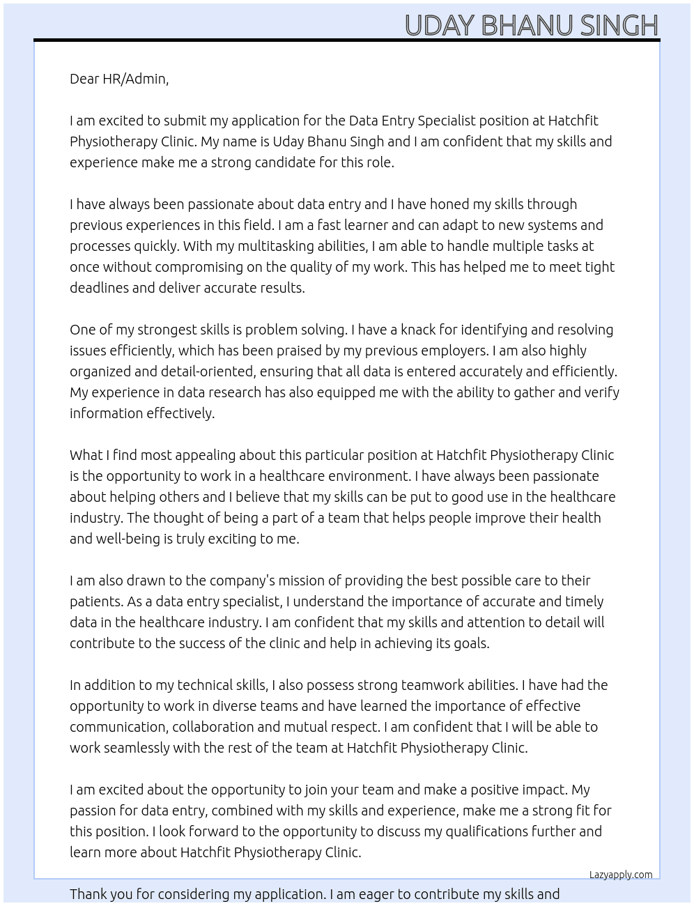 Data Entry Specialist At Hatchfit Physiotherapy Clinic Cover Letter