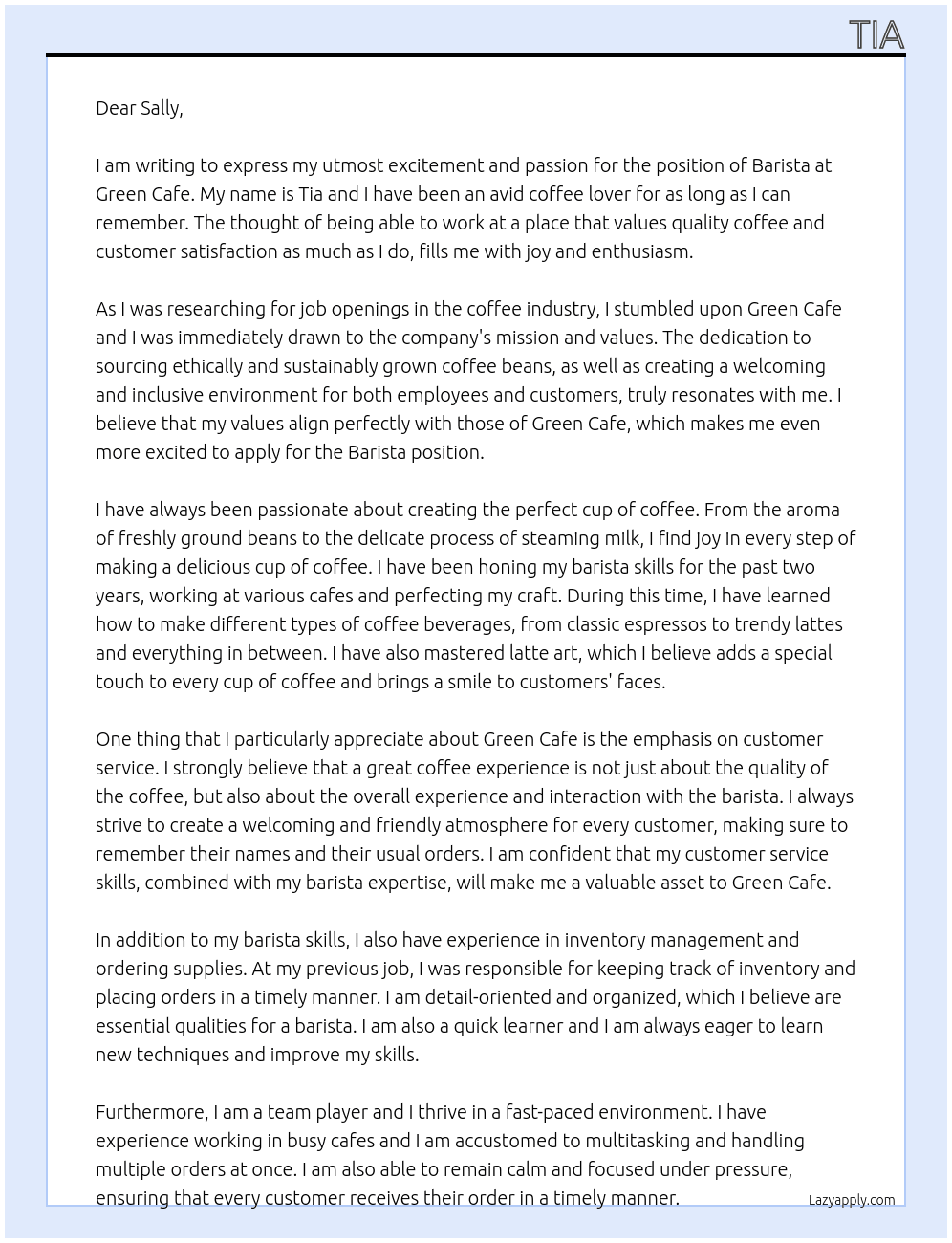 Barista At Green Cafe Cover Letter