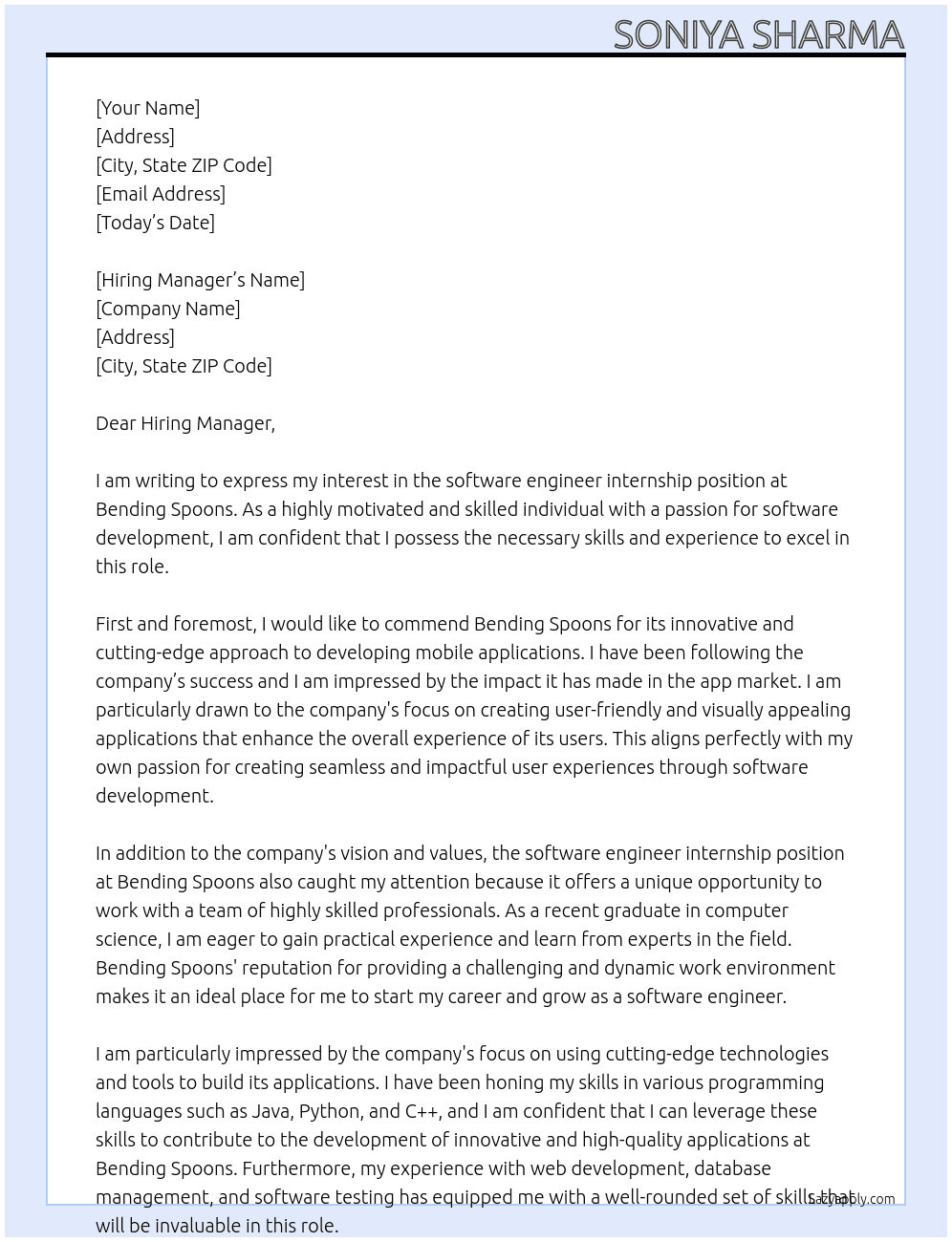 software engineer internship At Bending spoons Cover Letter