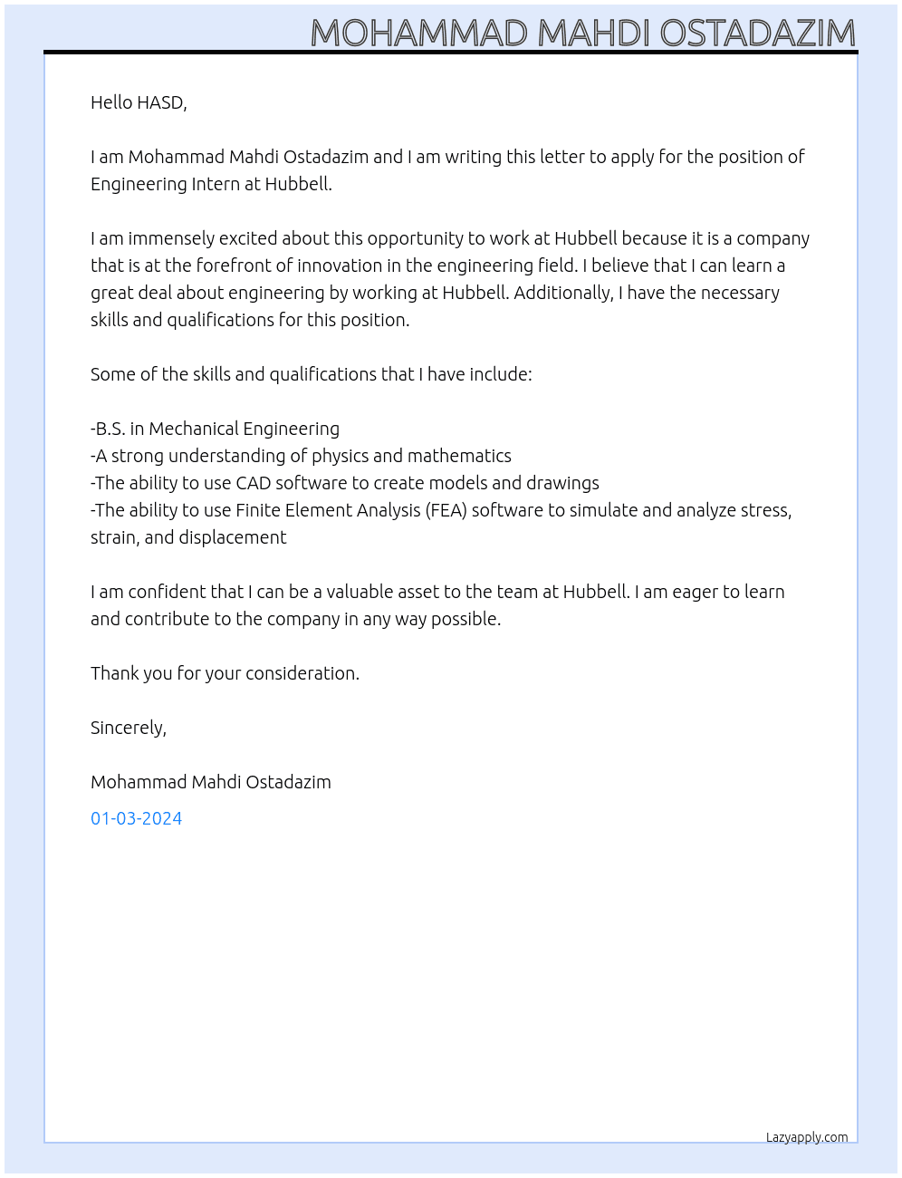 Engineering Intern At Hubbell Cover Letter