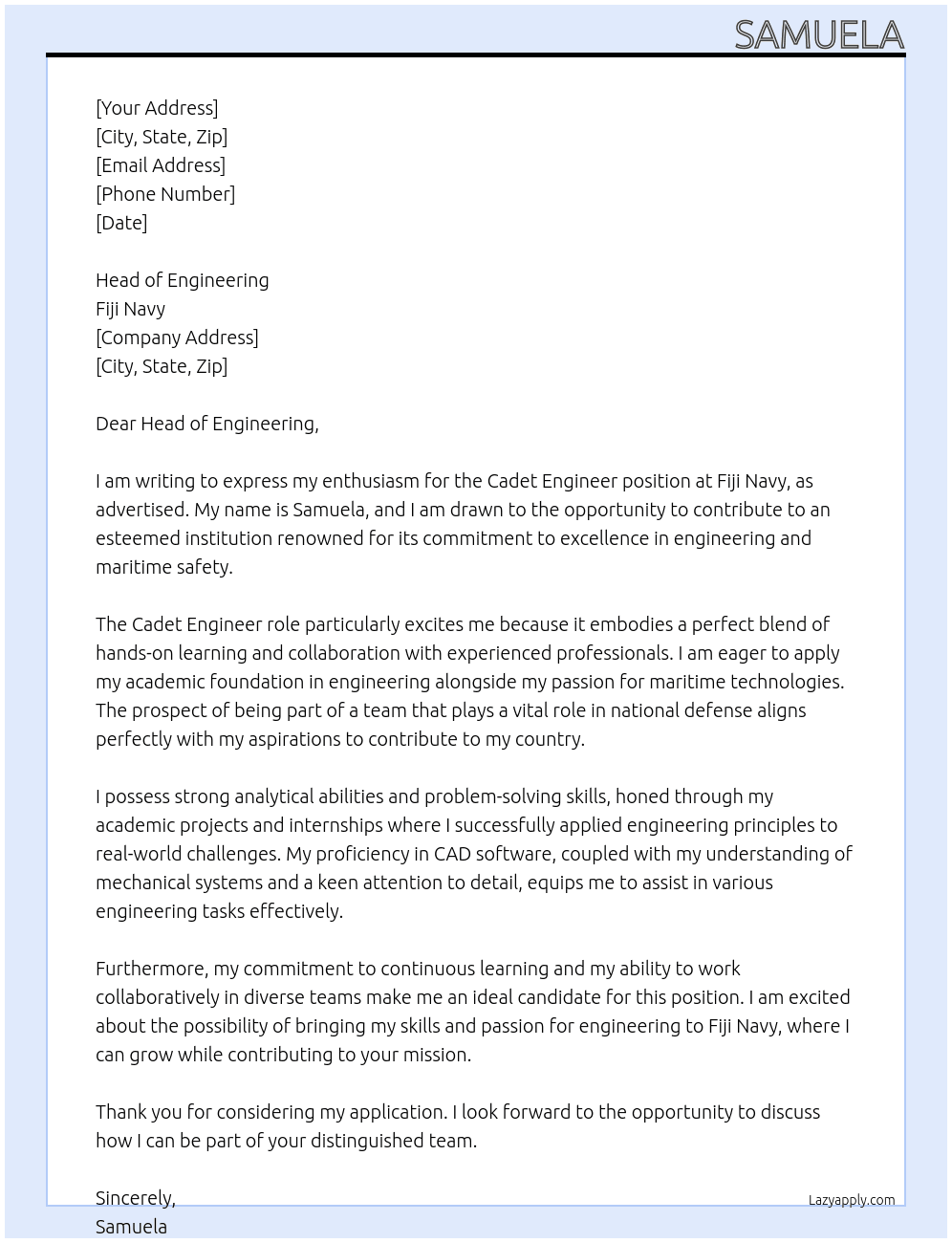 Cadet engineering  At Fiji navy  Cover Letter