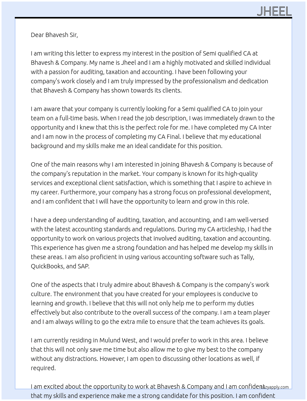 Semi qualified CA At Bhavesh & Company Cover Letter