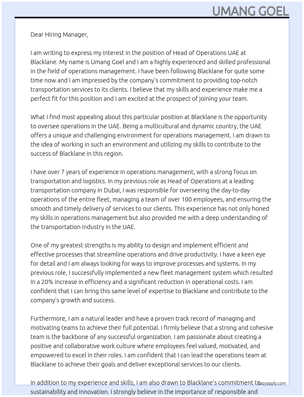 Head of Operations UAE At Blacklane Cover Letter