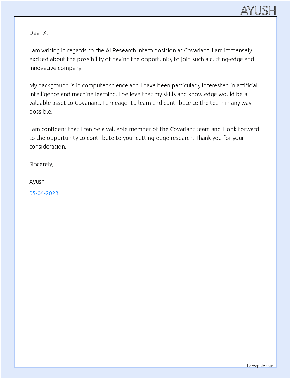 AI Research Intern At Covariant Cover Letter