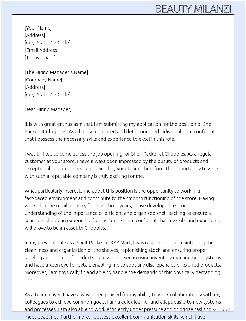 Shelf packer At Choppies Cover Letter