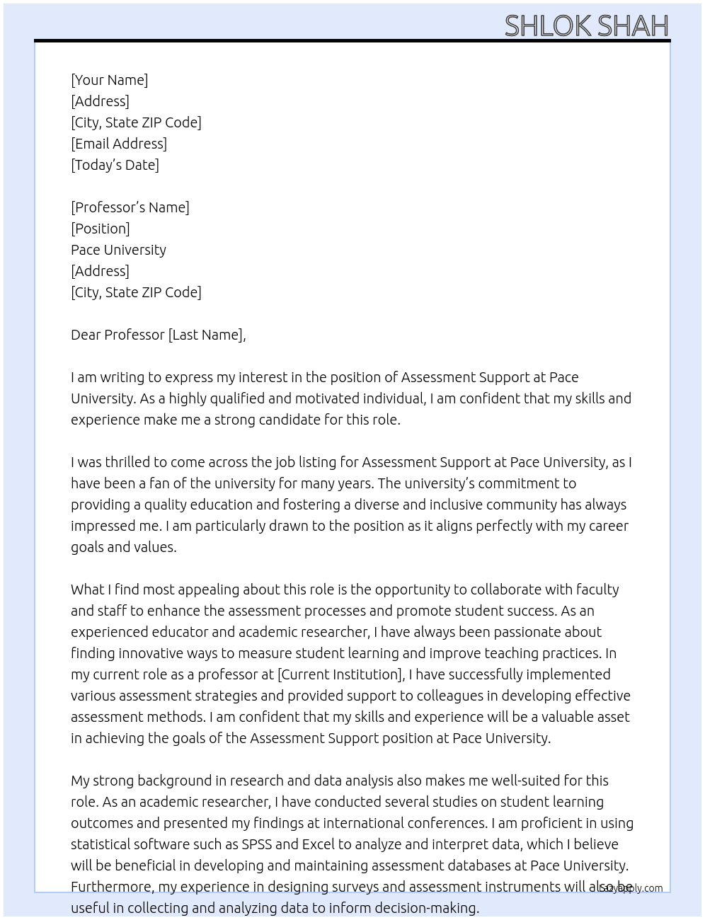 Assessment Suppor At Pace university  Cover Letter