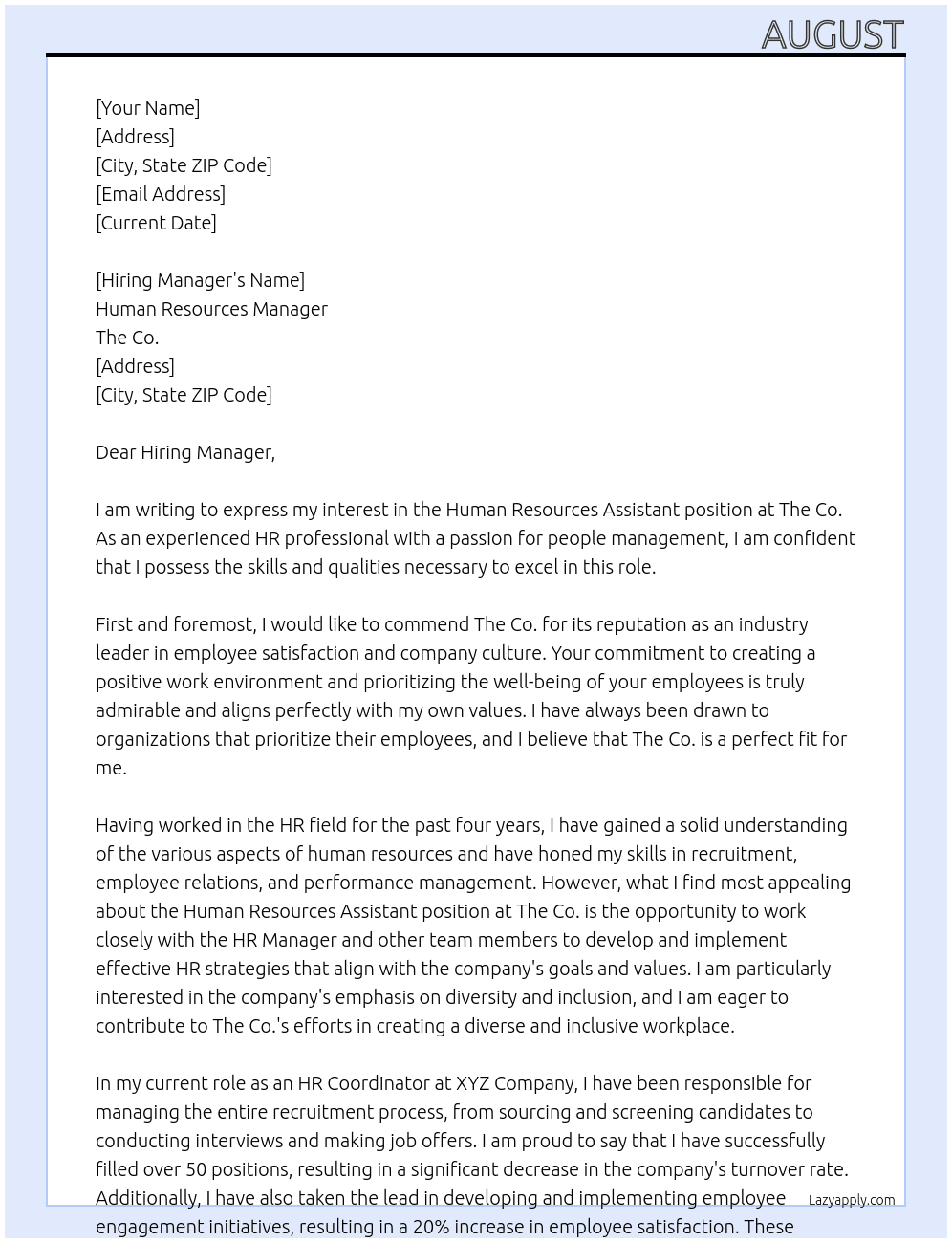 Human resources assistant  At The Co. Cover Letter