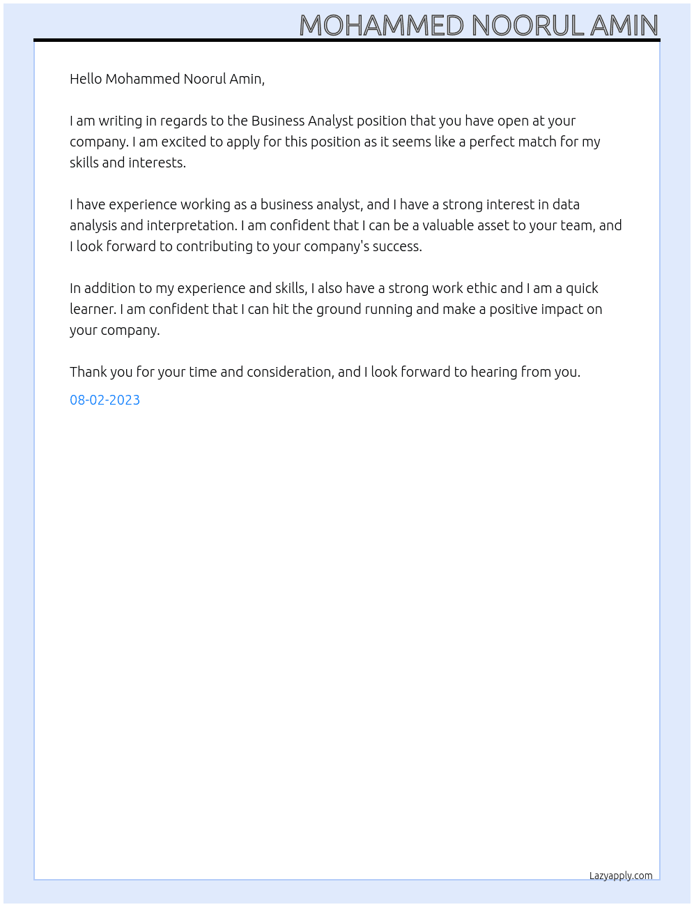 Business Analyst  At Mohammed Noorul Amin Cover Letter