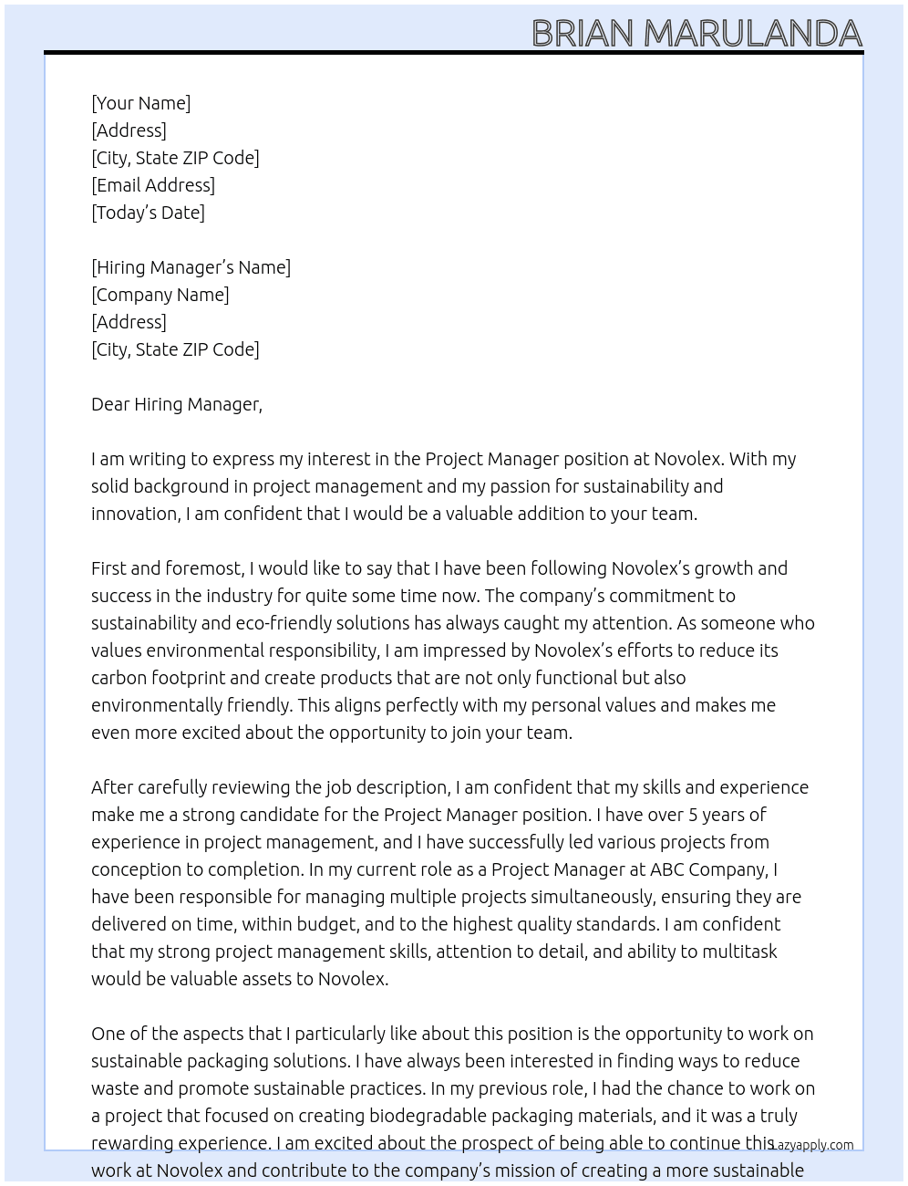 Project Manager At Novolex Cover Letter